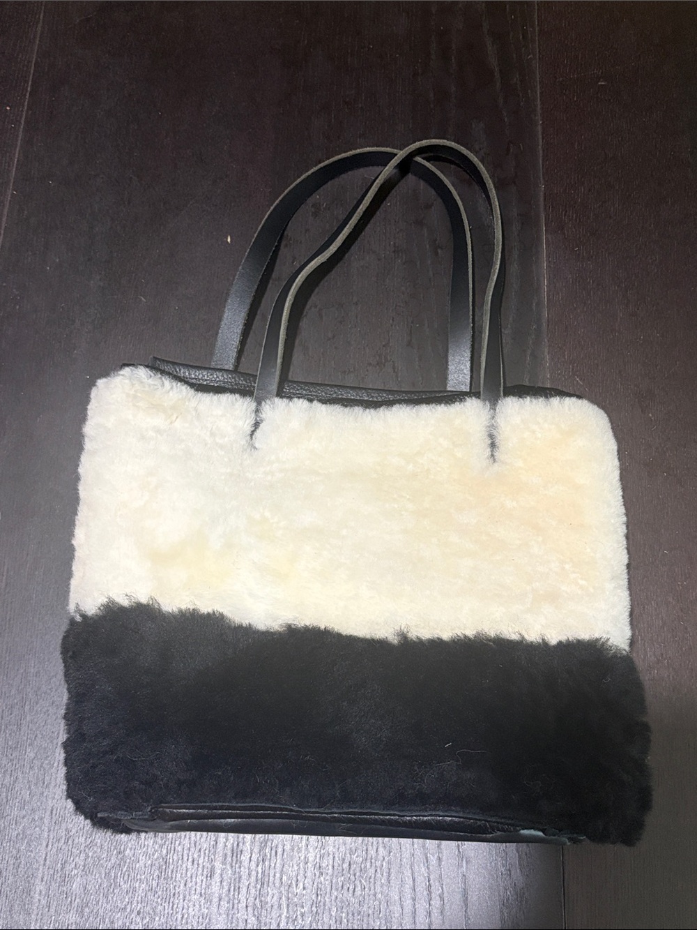Two-Tone Cream and Black Shearling Tote